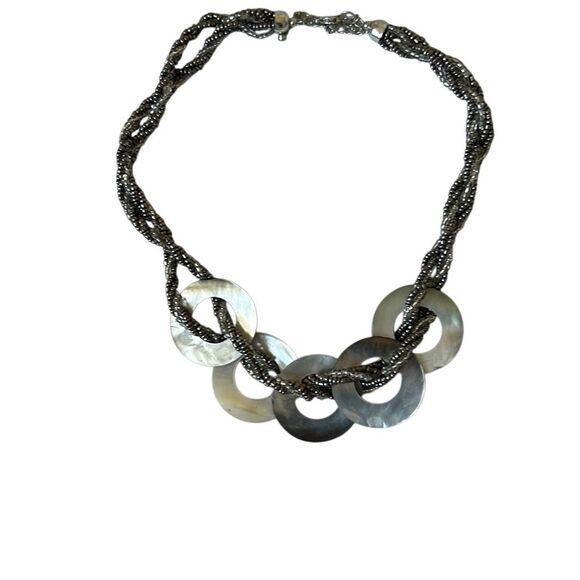 Vintage Jewelry - Abalone Shell Disk Braided Silver and Clear Beaded  Adjustable Length Necklace Y